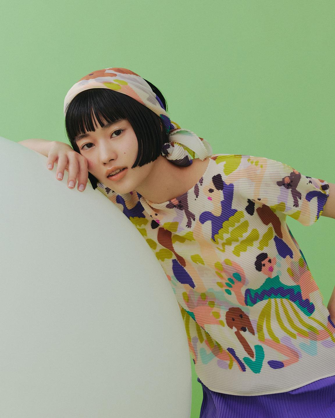 ISSEY MIYAKE me DANCE Printed Stretch Pleats T Shirt Size F(K  