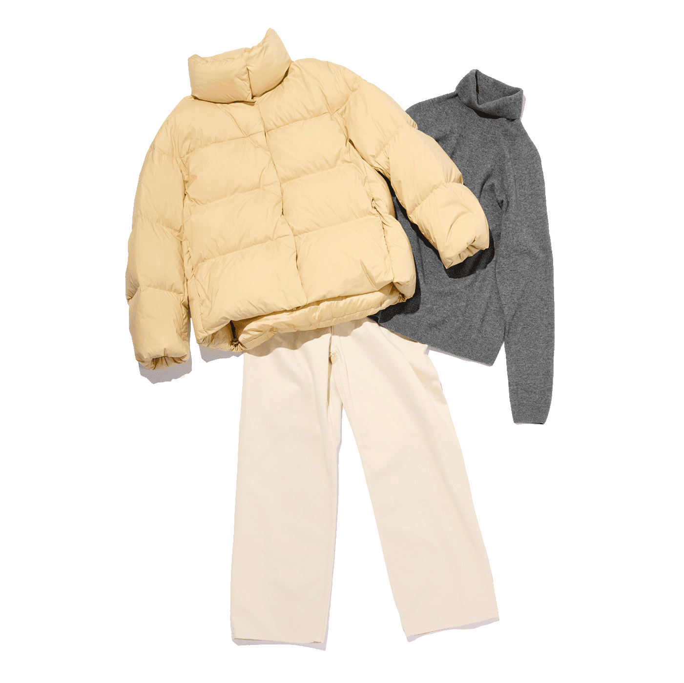 ユニクロ パウダーソフトダウンジャケット イエロー パウダーソフトダウンジャケット/NANODESIGN」の着用コーディネート