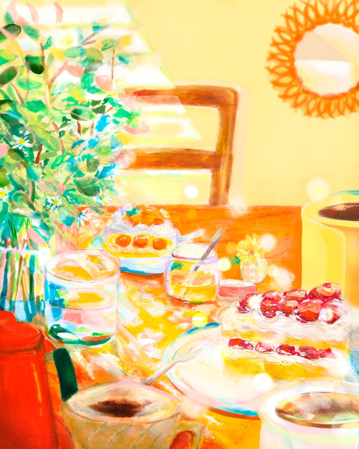 ケーキがのった賑やかなダイニングテーブルの絵