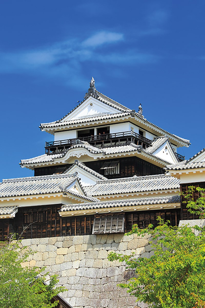 初代城主・加藤嘉明は主君秀吉に従って黒い城を作ったが、1784年元日に落雷で焼失。その後33年かけて1852年に再建されたのが現在の天守。昭和期に戦災で焼失した櫓などもほぼ木造で再建され、黒漆塗りの壁に風情がある。