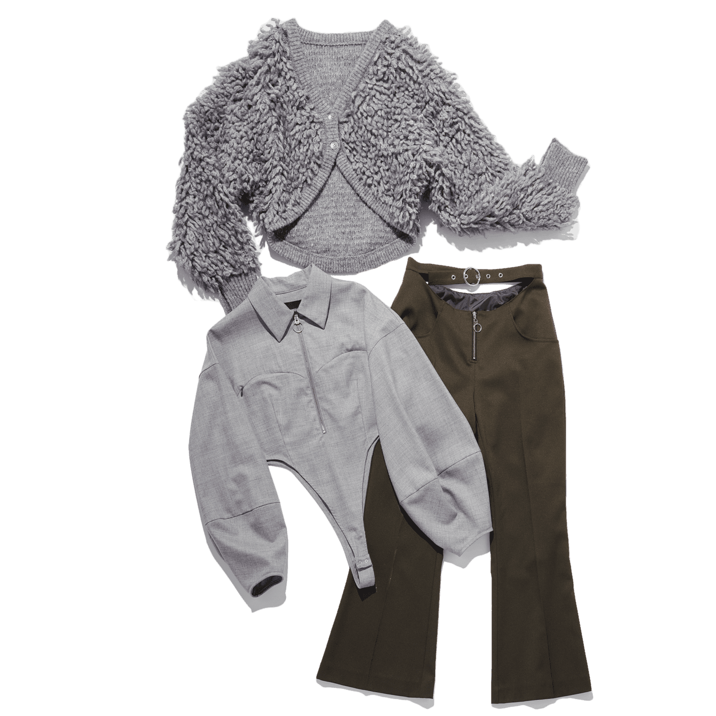 ボディスーツ ¥16,500、カーディガン ¥15,950、パンツ ¥14,300（以上ソリン）