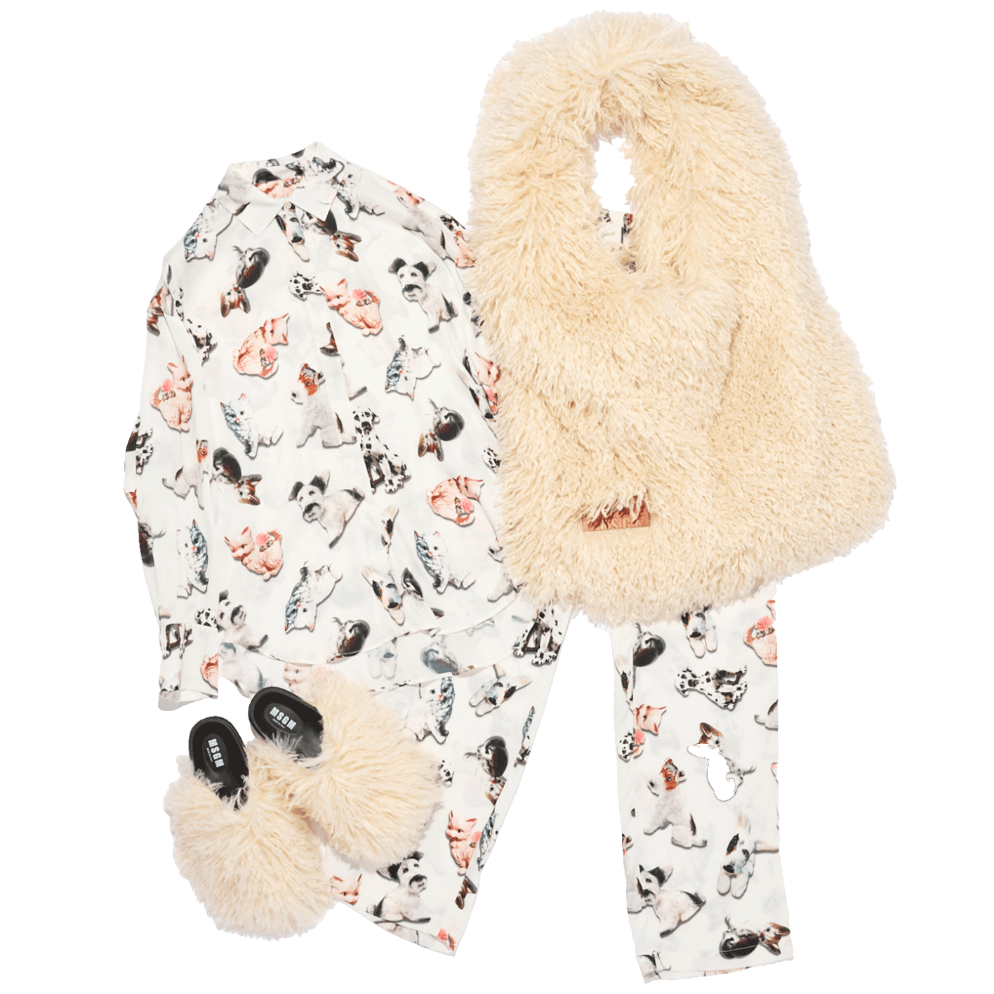 シャツ ¥79,200、パンツ ¥69,300＊参考価格、バッグ ¥75,900、シューズ ¥141,900＊参考価格（以上エムエスジーエム | アオイ）