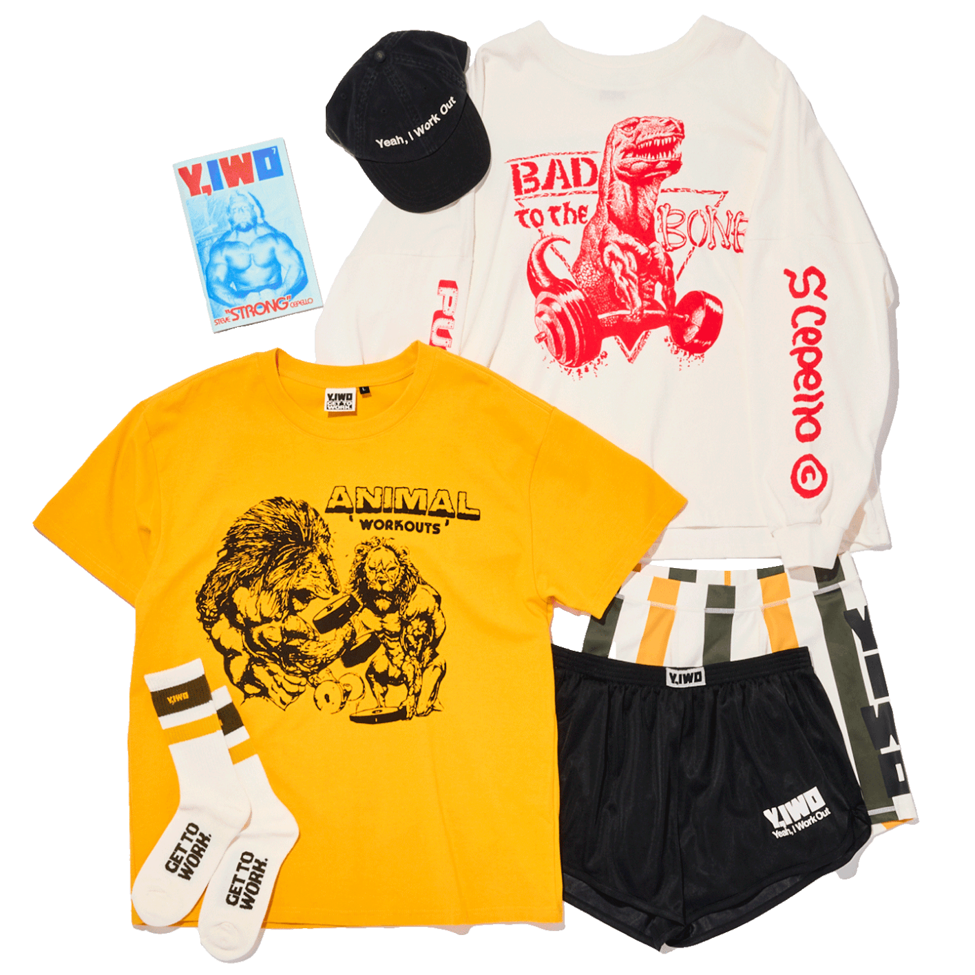 キャップ ¥8,690、Tシャツ ¥14,520、中に着たロングスリーブTシャツ ¥17,600、バイカーショーツ ¥15,400、パンツ ¥12,100、ソックス ¥3,410（以上イェーアイワークアウト | ジェットン ショールーム）