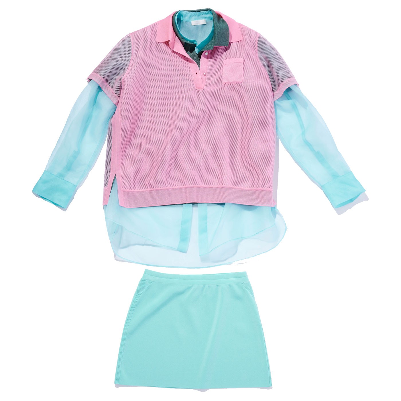 トップ ピンク ¥53,900/グリーン ¥53,900/ブルー ¥66,000、スカート ¥42,900（以上アンテプリマ | アンテプリマジャパン）