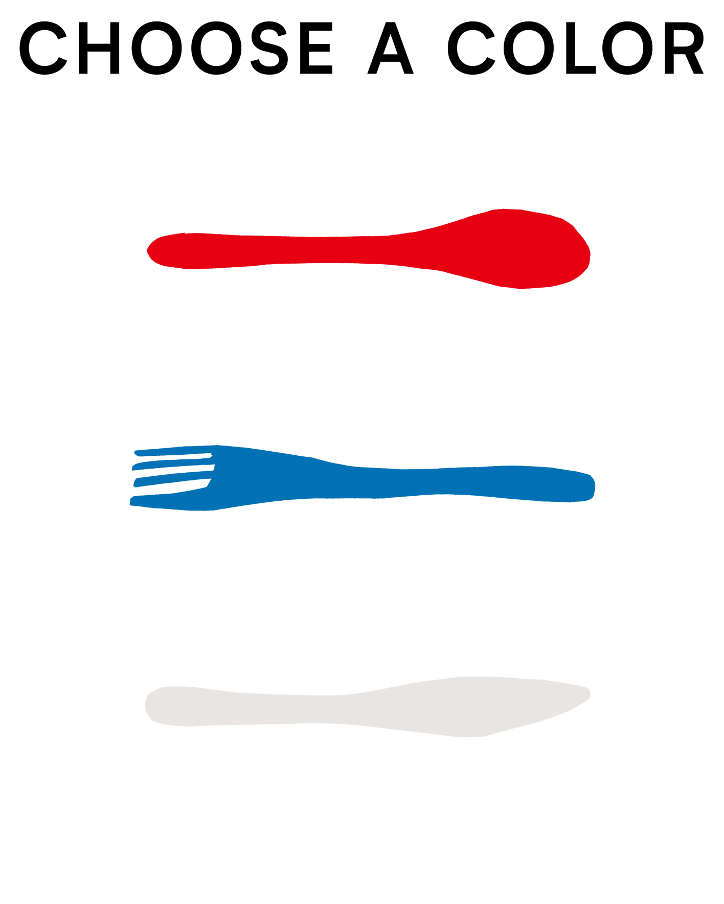 上から 赤いスプーン、青いフォーク、グレーのナイフ