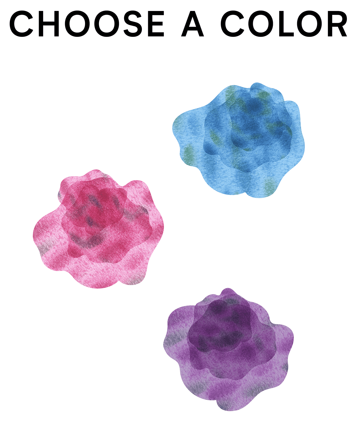 薔薇のイラスト。上からブルー、ピンク、パープル