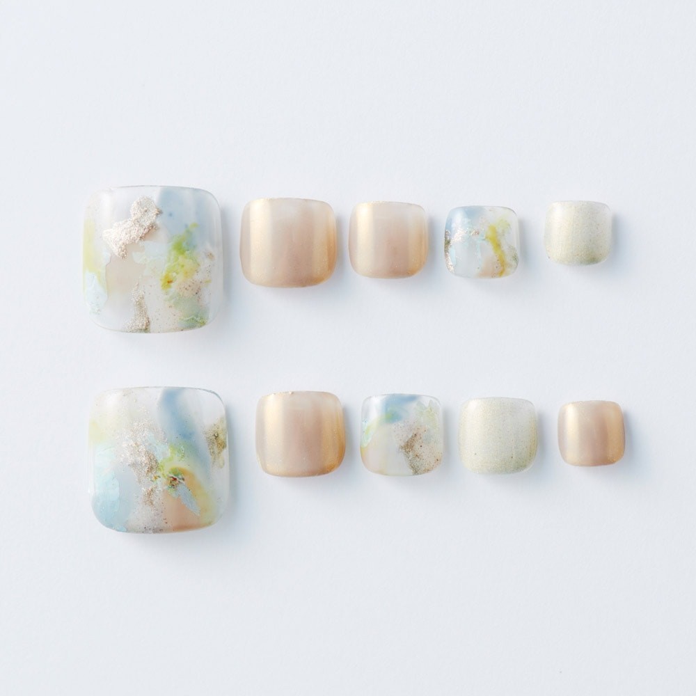 夏のペディキュア|クリアベース|寒色マーブル&ミラーゴールド - Slide:2