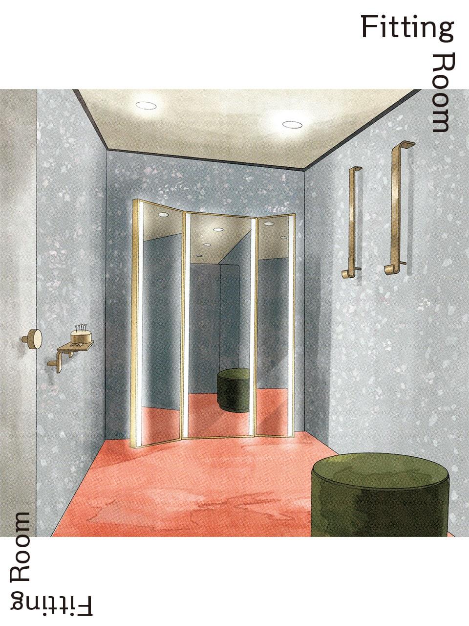 「ヴァレンティノ 銀座」のフィッティングルーム|グレー・赤・真鍮ゴールドで表現する進化系ゴージャス