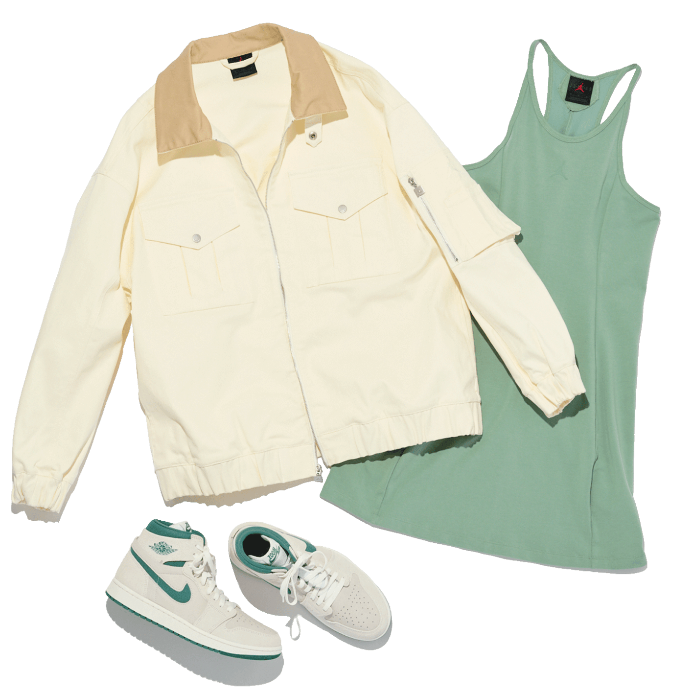 ジャケット ¥28,600、キャミソールワンピース ¥7,920、スニーカー ¥21,450(以上ジョーダン ブランド | ナイキ カスタマーサービス)