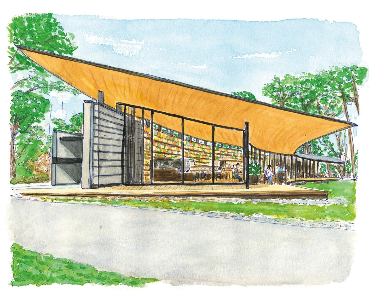 壁一面の本棚が圧巻。森の中に生まれた小さな図書館「まちライブラリー@MUFG PARK」