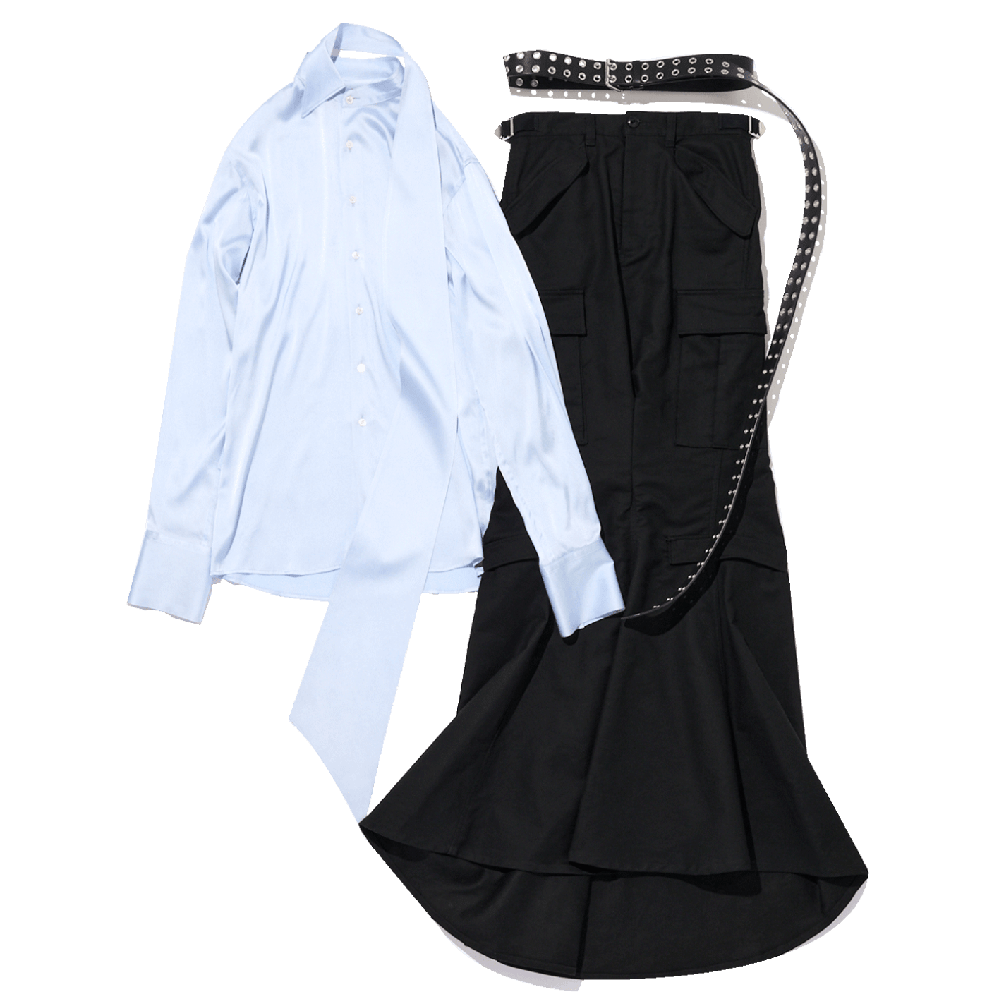 シルクシャツ ¥71,500、スカート ¥82,500、ベルト ¥71,500(以上ケイスケヨシダ)