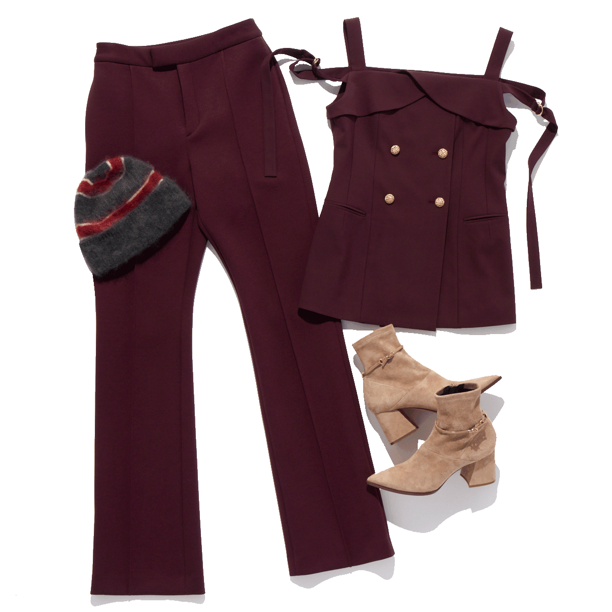 ニットキャップ ¥35,200(アディアム イチ)、トップ ¥82,500、パンツ ¥82,500、ブーツ ¥107,800(以上アディアム | アディアム 東京ミッドタウン店)