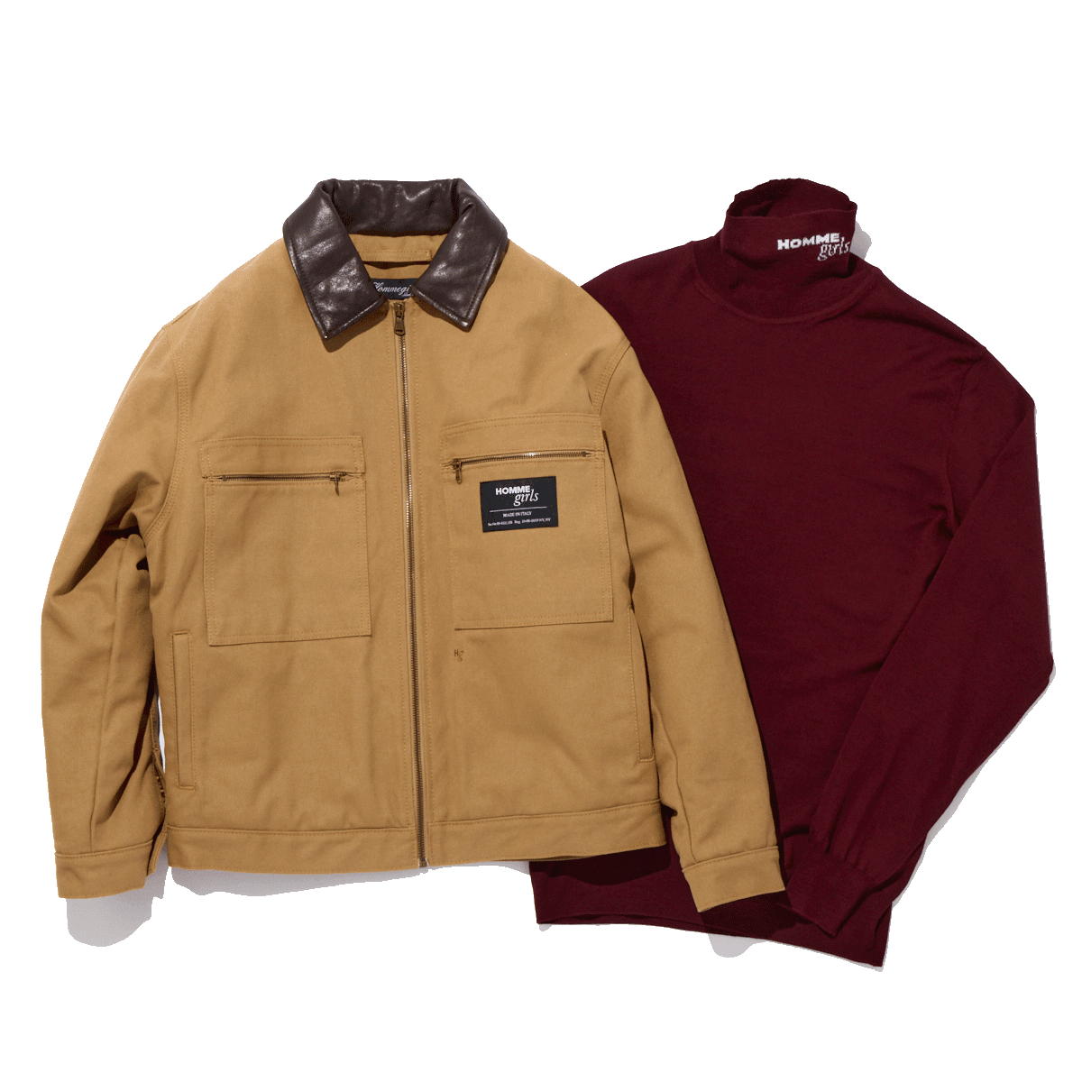 ワークジャケット¥132,000、タートルネックニットトップ¥75,900(共にオム ガールズ|エイチ ビューティー&ユース) 03-6438-5230 