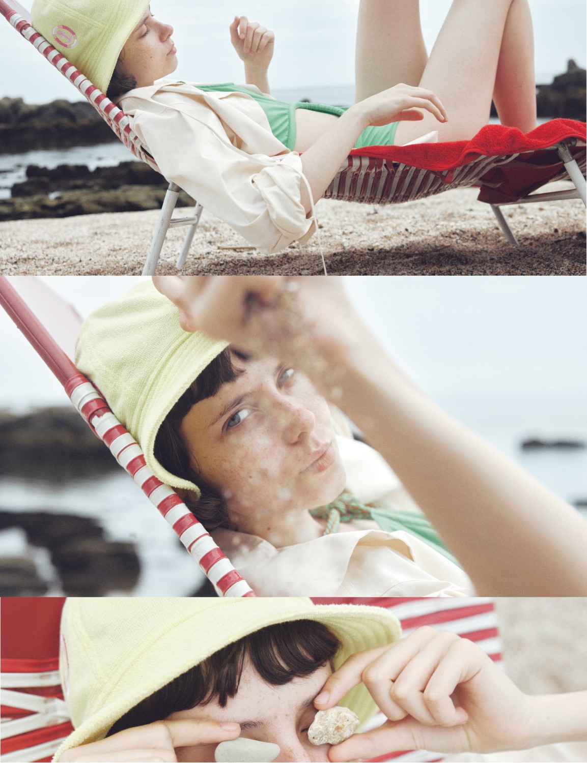 シャツ ¥311,300、スイムウェア ¥105,600、タオル地のハット ¥77,000(以上エルメス | エルメスジャポン)