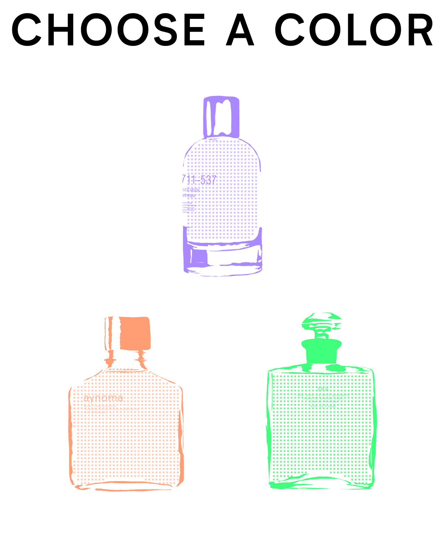 オレンジ、パープル、グリーン 3色のボトルの香水