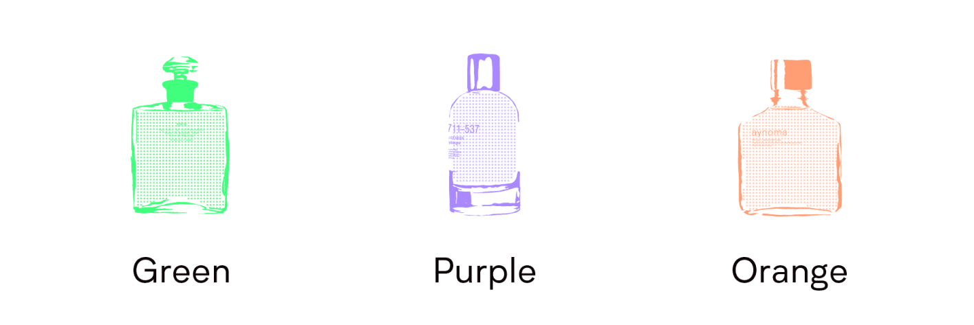 オレンジ、パープル、グリーン 3色のボトルの香水