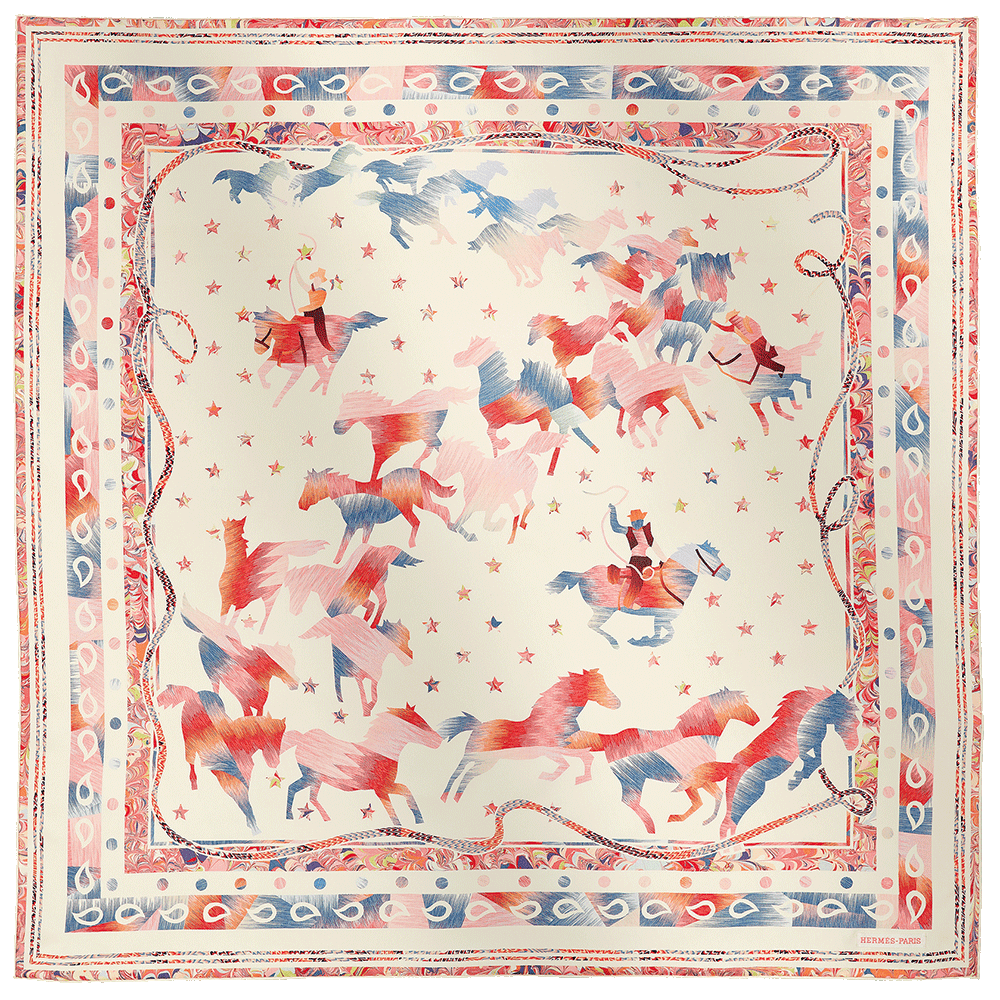 動物画家ロベール・ダレが描いた柄を、手加工ならではの深みのある色で表現。カレ 90 〈野生馬〉マーブルシルク 90×90cm ¥194,700(エルメス | エルメス ジャポンⓒHermès