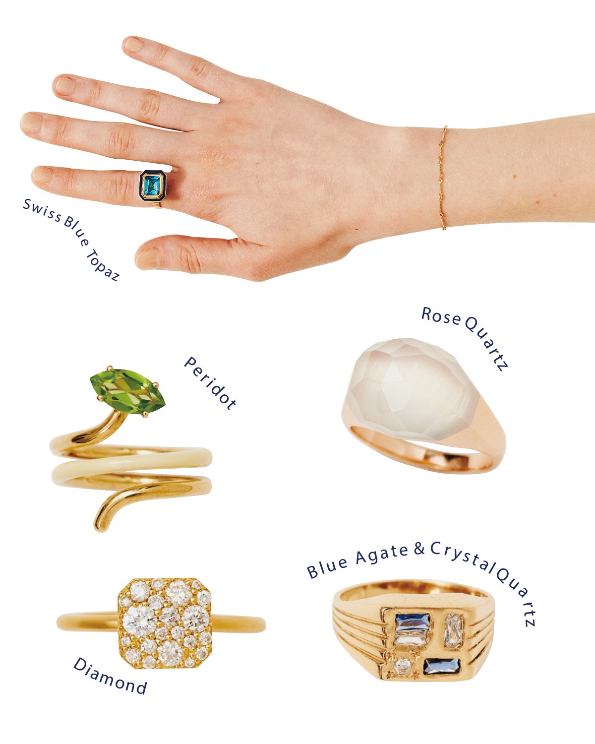 上 エメラルドカットのスイスブルートパーズ。デザインの着想源はインドの寺院。¥660,000(アリス・チコリーニ | シハラ ラボ)/ブレスレット ¥220,000(オールニーク) 中右 淡いピンク色が美しいブラジル産のローズクォーツ。¥132,000(ボロロ) 中左 蔓がモチーフ。先端にはマーキスカットのペリドットが。¥243,600*参考価格(ベア ボンジャスカ | ベア ボンジャスカ カスタマーケア) 下右 ブルーアゲートとクリスタルクォーツをリズミカルに配置。¥23,100(ヌーク | ザシー) 下左 多様な大きさのダイヤモンドをぎゅっと贅沢に。¥429,000(オールニーク)