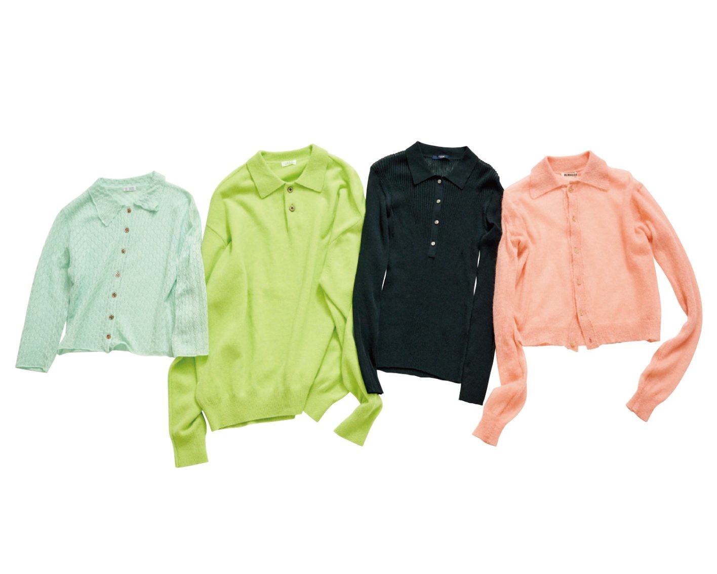 左から 繊細なレース編みのポロニット。七分丈なので端境期にも。¥16,500(エディットフォールル | ベイクルーズ カスタマーサポート)/ニットブランドが手掛けるライム色が新鮮なポロ襟の1枚。¥24,200(クレプスキュール | オーバーリバー)/コットンナイロンで仕立てたシアーなリブニットはほど良いタイト感。¥36,300(イレーヴ)/キッドモヘアのカーディガン。オレンジがかったピンクが小粋。¥44,000(オーラリー)