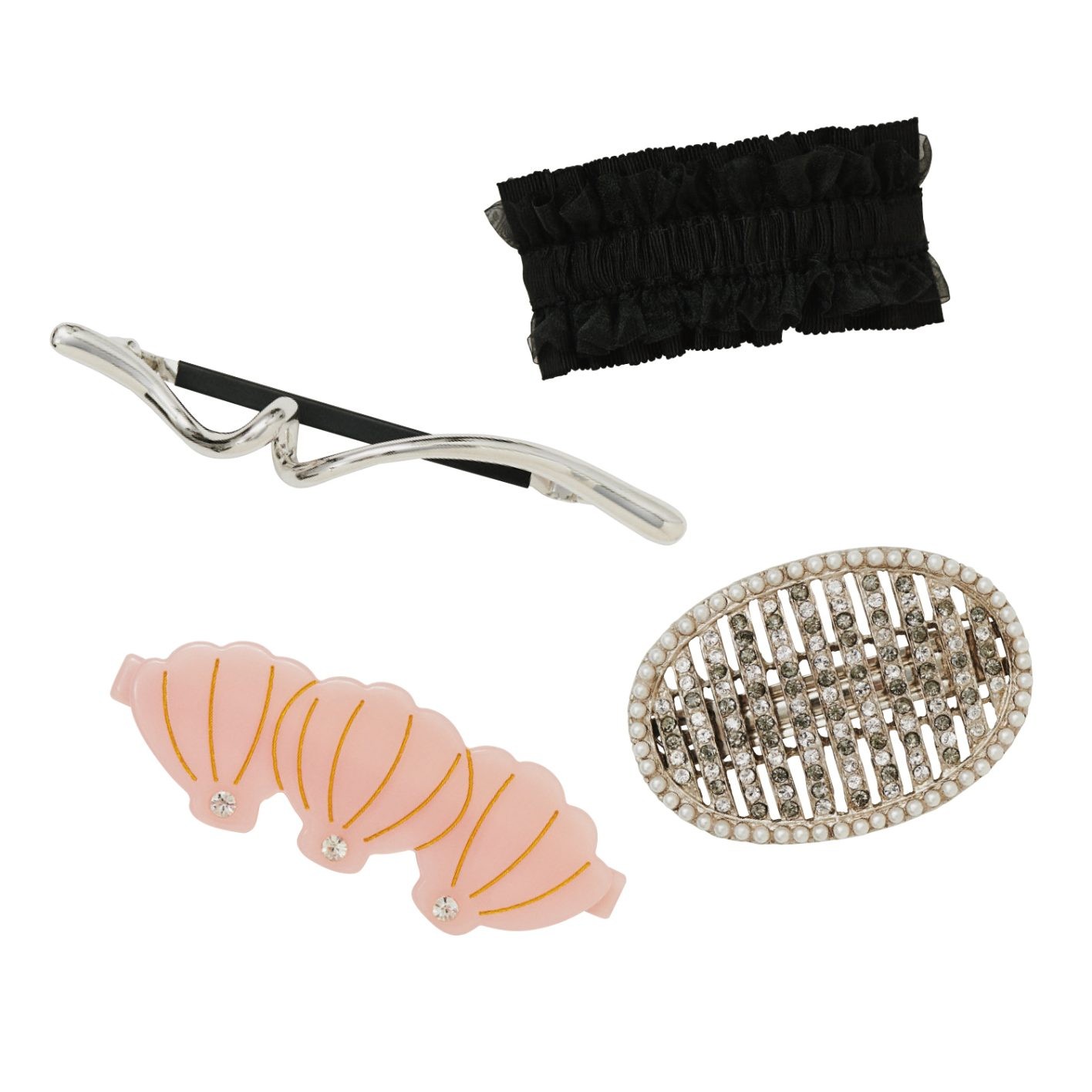 上から時計回り 生地は英国製のデッドストック。¥14,080(グッドスクイッシュ | フィルグ ショールーム)/ストーン×パールがたまらない。¥14,300(ルール ロジェット | バウ インク)/ヴィンテージライクな質感がキュート。¥7,700(バレット スタジオ | モットハウス・トーキョー)/立体的なツイストがユニーク。¥19,800(ボーニー | エドストローム オフィス)