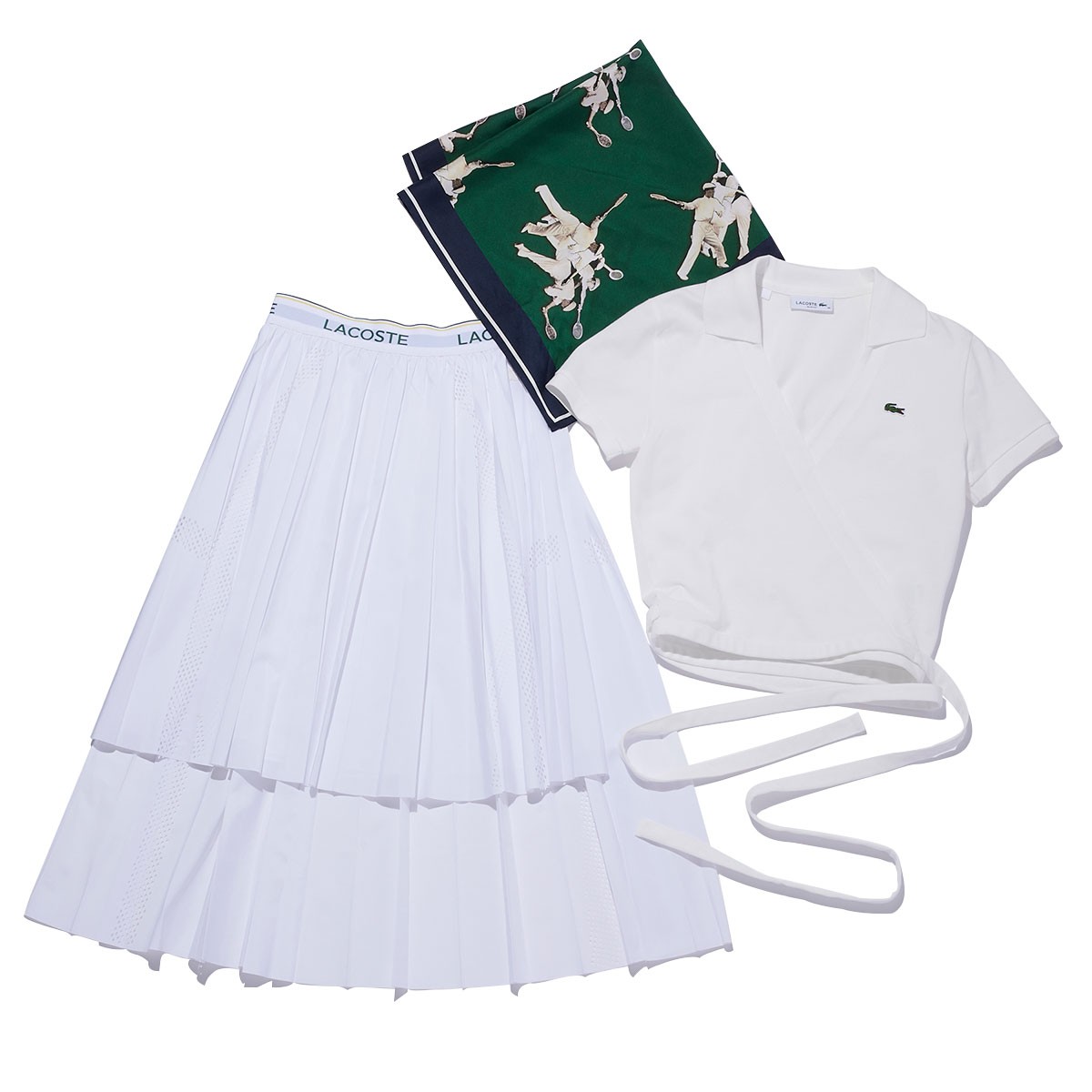 トップ ¥16,500、スカート ¥28,600、スカーフ ¥16,500(以上ラコステ | ラコステお客様センター)