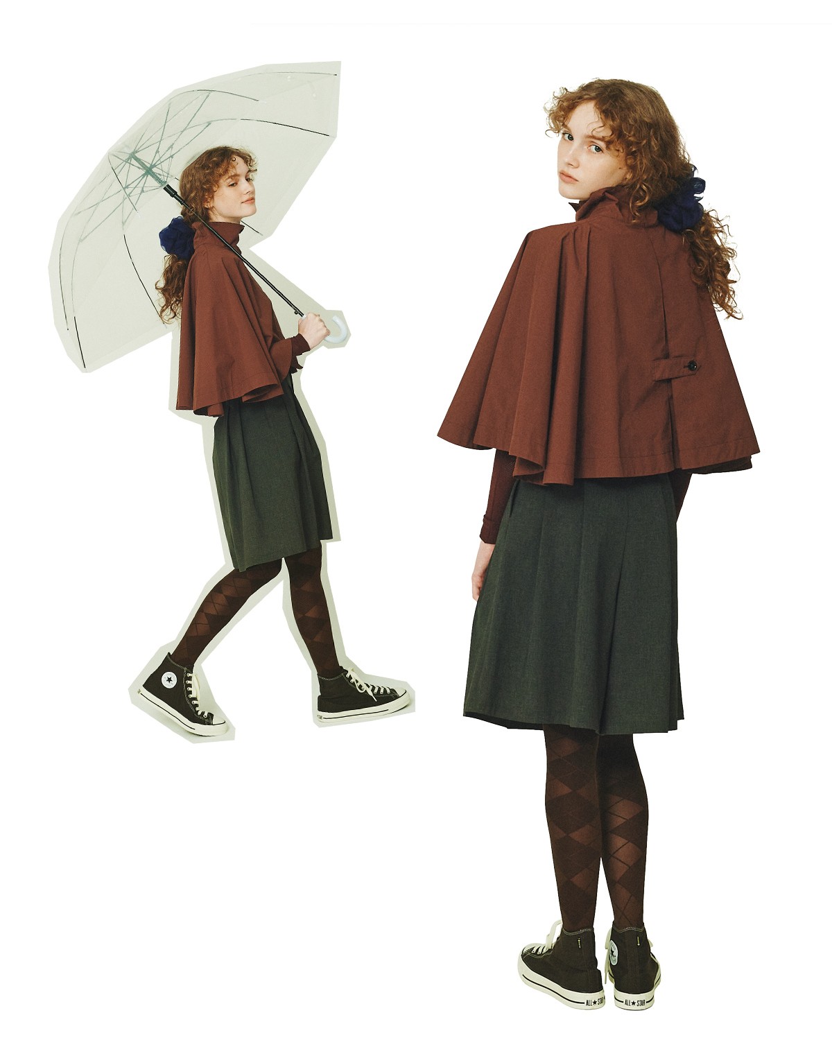 撥水加工が施された〈ディーベック〉のケープをひらりと揺らして。〈エフシーイー®〉のウールライクな防水キュロットを合わせれば、よりクラシカルな装いに。靴は軽快に〈コンバース〉のゴアテックス仕様を。ケープ ¥46,200(ディーベック | グローブライド)/キュロット ¥33,000(エフシーイー® | エフシーイーフラッグシップストアトウキョウ)/スニーカー ¥20,350(コンバース | コンバースインフォメーションセンター)/中に着たボディスーツ ¥39,600(ウォルフォード | リトルリーグ インク)/シュシュ ¥4,400(デプト | デプトカスタマーサービス)/タイツ ¥5,720(スウェーディッシュ ストッキング | ベイクルーズ カスタマーサポート)/傘*編集部私物