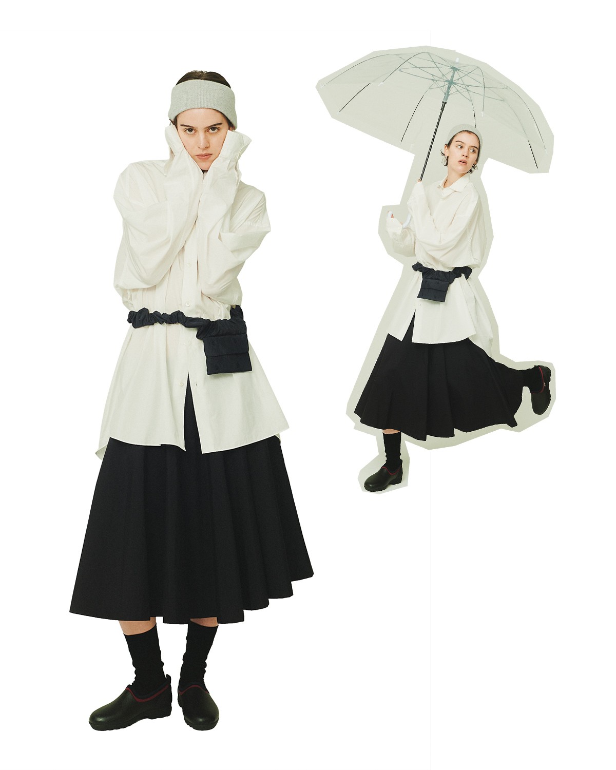 2025年4月に始動した〈ブラブラブラ〉の形状安定性に優れた白シャツと、eVent生地を用いたサーキュラースカートで万全に。足元はレインシューズといえばの〈エーグル〉に任せれば水たまりもへっちゃら。シャツ ¥57,200、スカート ¥44,000(共にブラブラブラ)/ラバーシューズ ¥12,100(エーグル | エーグル カスタマーサービス)/ヘアバンド ¥19,800(アタッチメント | アタッチメント オモテサンドウ)/ベルトバッグ ¥35,200(エレフ | ザシー)/ソックス ¥4,180(マーガレット・ハウエル)/傘*編集部私物