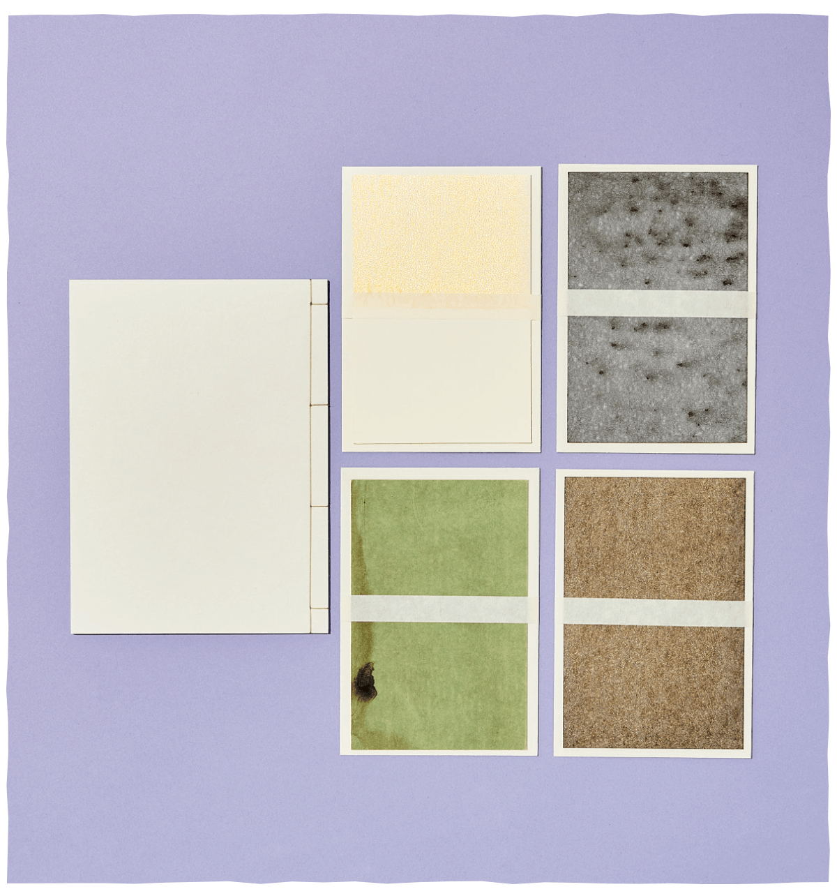 「ノートの柔らかさが!白黒写真をポストカードへ刷ってもらったこともあります」(フォトグラファー・松原博子)。右 二つ折りカードと封筒のセット。雲母や墨の顔料が揺らぎ、たまった表情が豊か。¥1,100〜 左 染色した生紙を経師が絹糸で綴じたノート。¥6,600