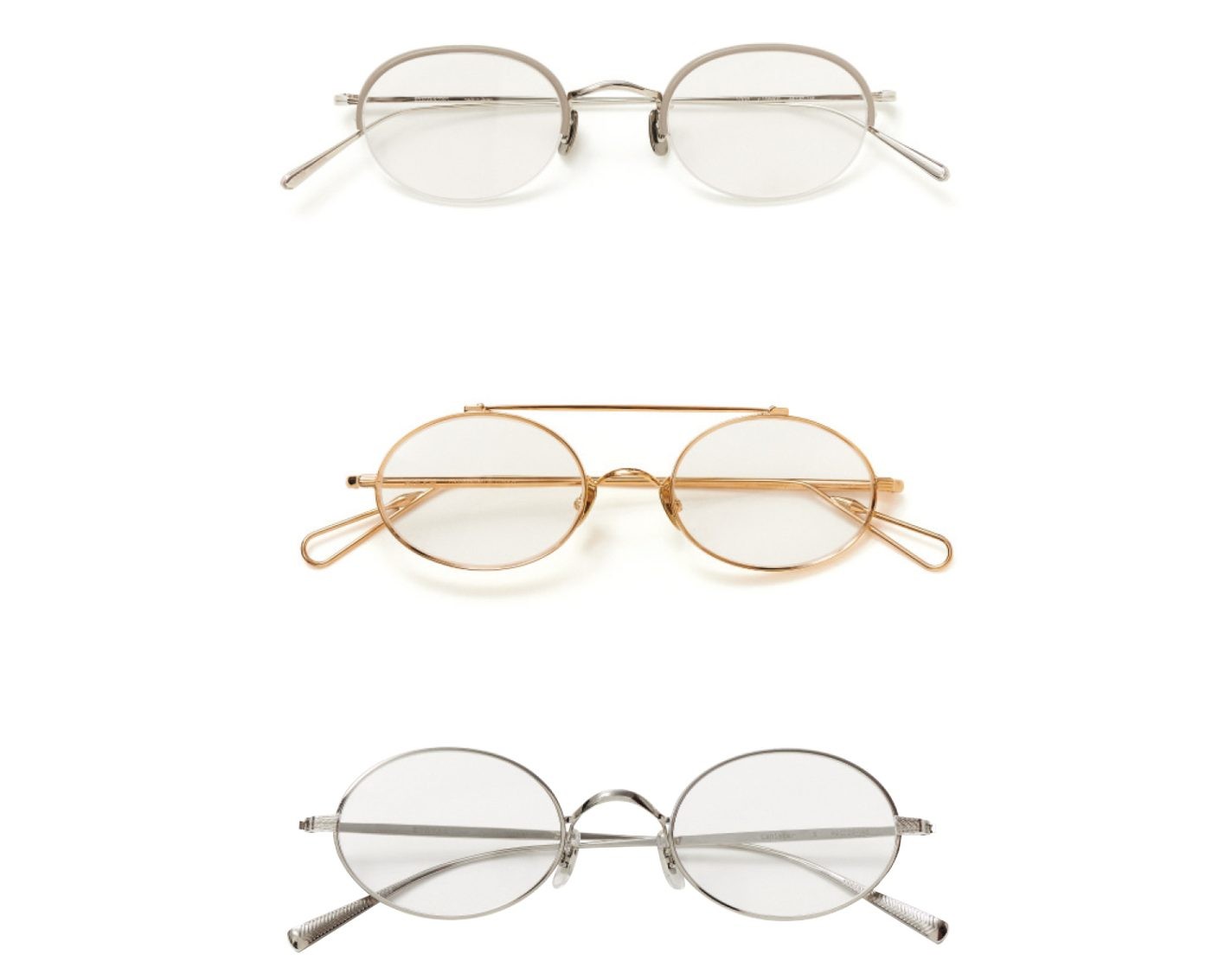 上から ぷっくりとしたチャンキーなハーフリムが愛らしい。¥58,300(アイヴァン 7285 | コンティニュエ)/オーバルだけでは物足りない人はこちらのダブルブリッジをかけよう。¥75,900(アーレム | エドストローム オフィス)/1980年代に英国で作られたヴィンテージフレームをサンプリング。¥50,600(アイヴァン | アイヴァン 東京ギャラリー)