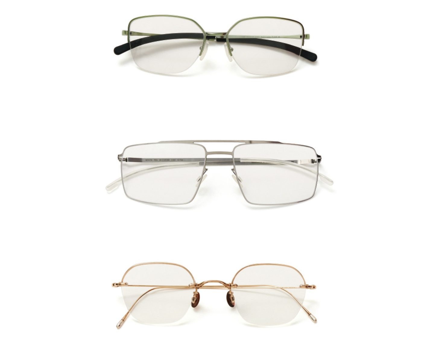 上から 知的なハーフリム。落ち着いたグリーンが洒脱。¥23,100(オークリー | ルックスオティカジャパン カスタマーサービス)/往年の映画俳優を想起させるレトロなアビエータースタイル。¥71,500(マイキータ | マイキータ ジャパン)/肌なじみの良いシャンパンゴールドが柔和なムードを生み出す。¥96,800(10 アイヴァン | コンティニュエ)
